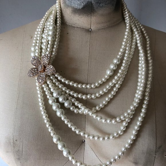 Bloomingdales CLASSIC White 6 strand Pearl Flower pendant bib Collar Necklace - Picture 6 of 15